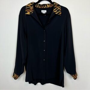 Vintage Button Down Blouse- Black with Tiger Print Trim & Cuffs sz Large Novelty